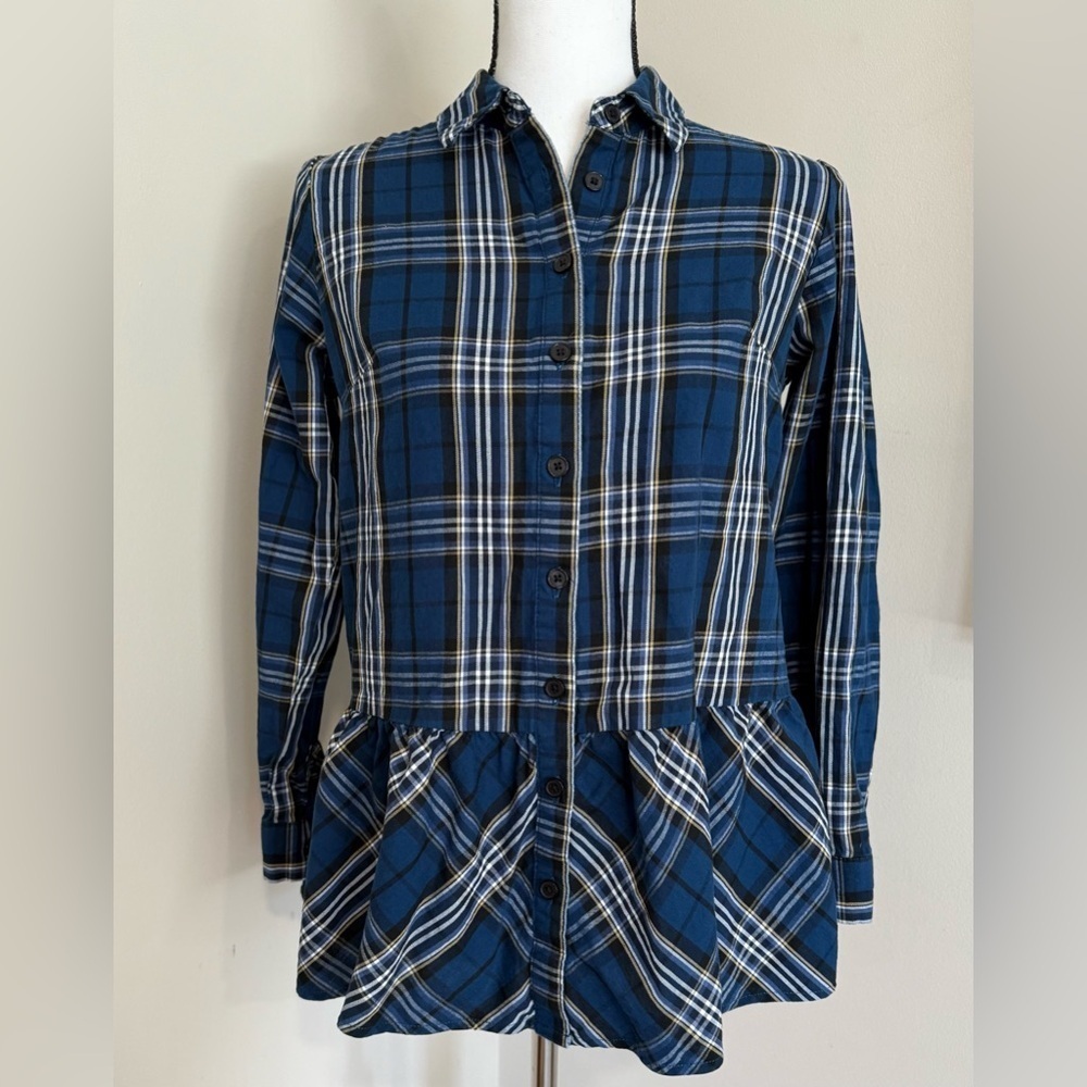 Joan Rivers Blue Plaid Long Sleeve Blouse